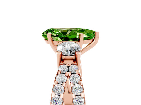 Rose gold Pear Cut Peridot Three-Stone Ring with Pavé Split Shank and Four-Prong Setting_17