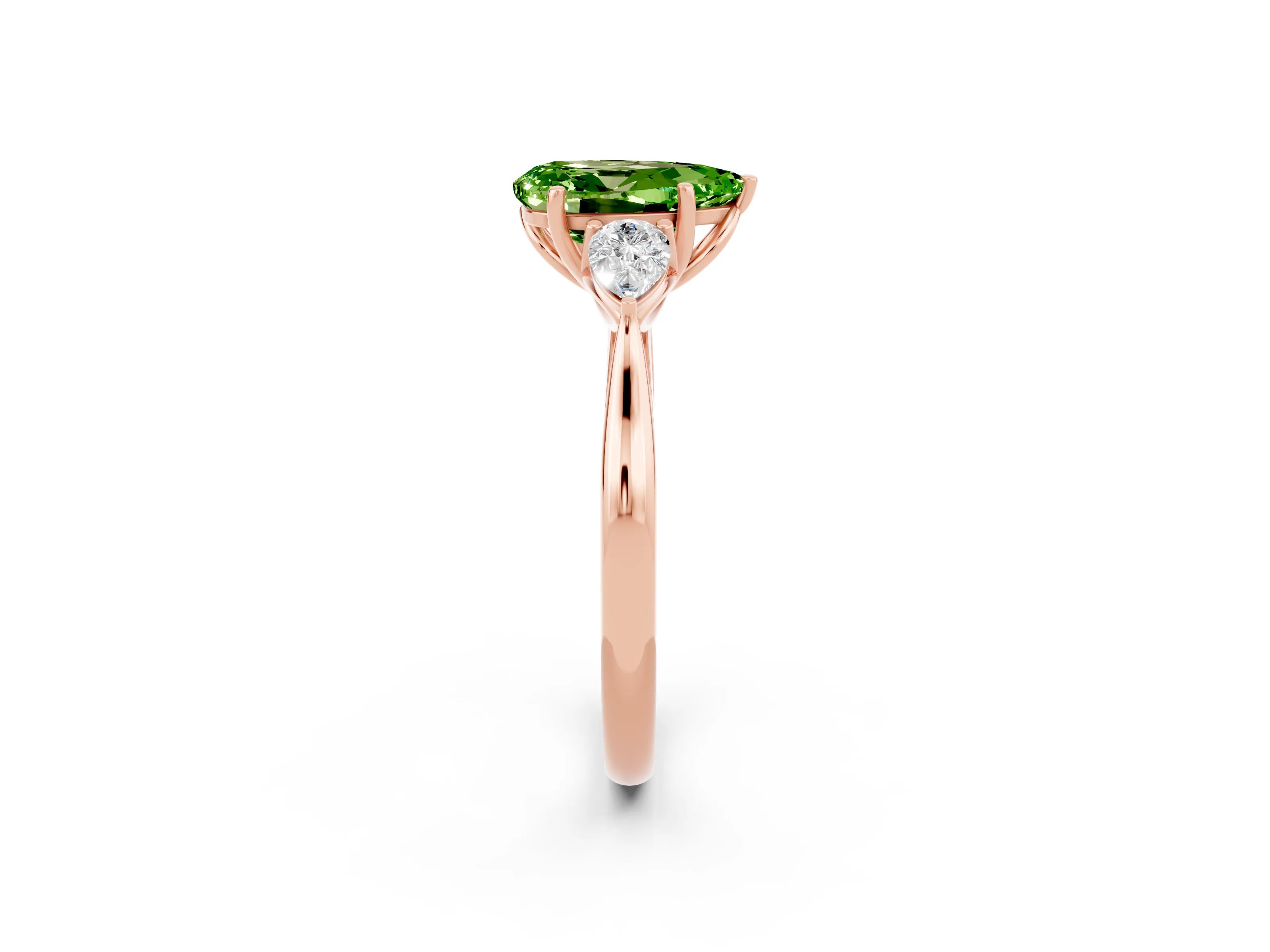 Rose gold Pear Cut Peridot Three-Stone Ring with Pear Side Stones and Four-Prong Setting_14