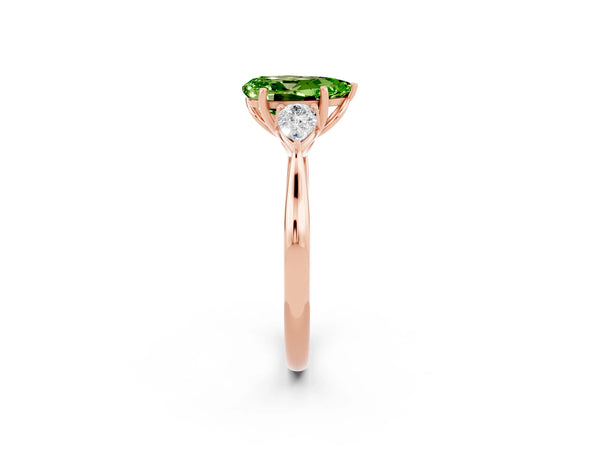 Rose gold Pear Cut Peridot Three-Stone Ring with Pear  Side Stones and Prong Setting