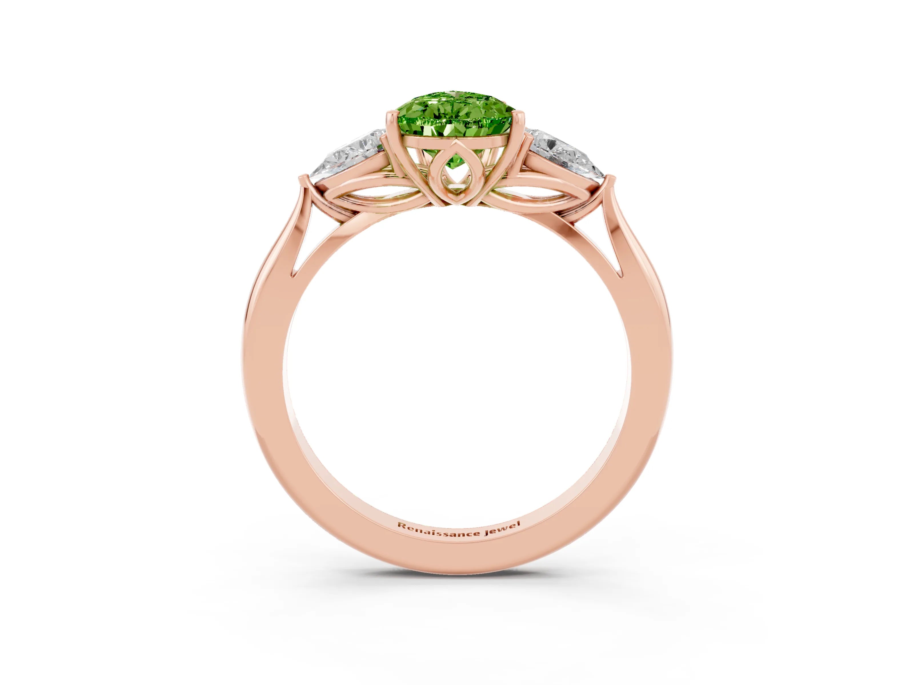 Rose gold Pear Cut Peridot Three-Stone Ring with Pear Side Stones and Four-Prong Setting_15