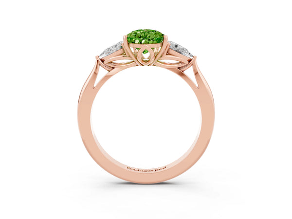 Rose gold Pear Cut Peridot Three-Stone Ring with Pear  Side Stones and Prong Setting
