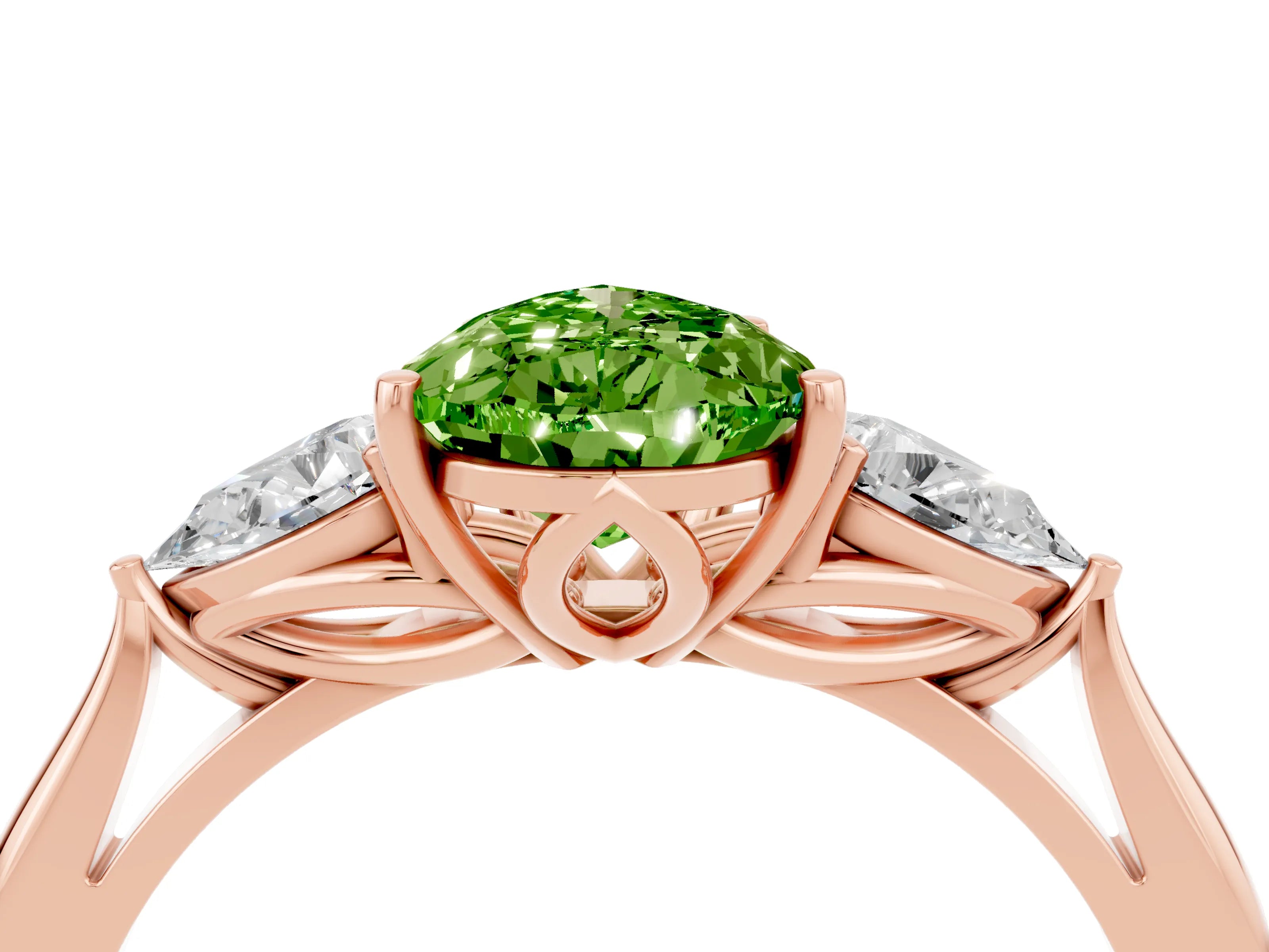 Rose gold Pear Cut Peridot Three-Stone Ring with Pear Side Stones and Four-Prong Setting_16