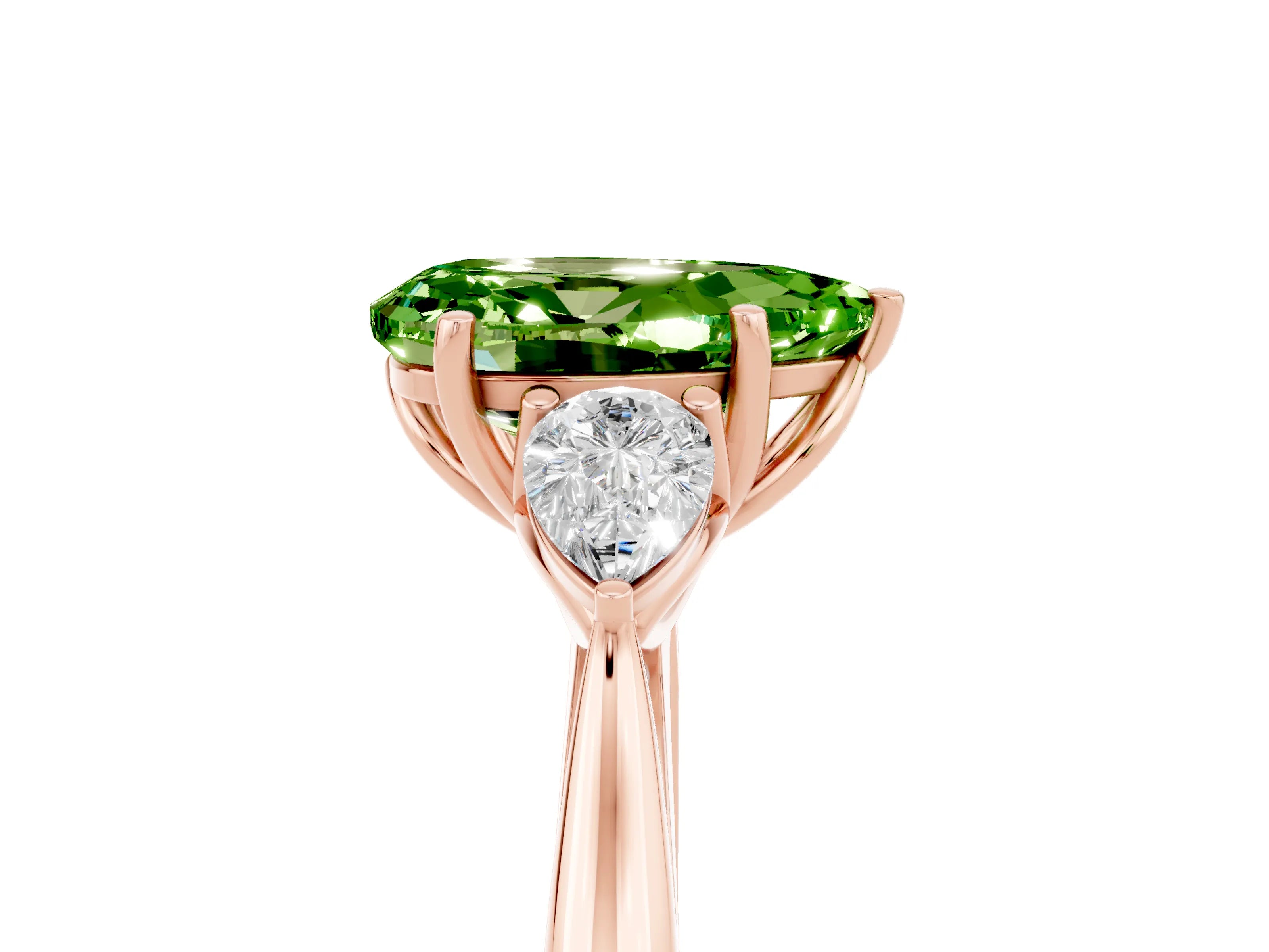 Rose gold Pear Cut Peridot Three-Stone Ring with Pear Side Stones and Four-Prong Setting_17