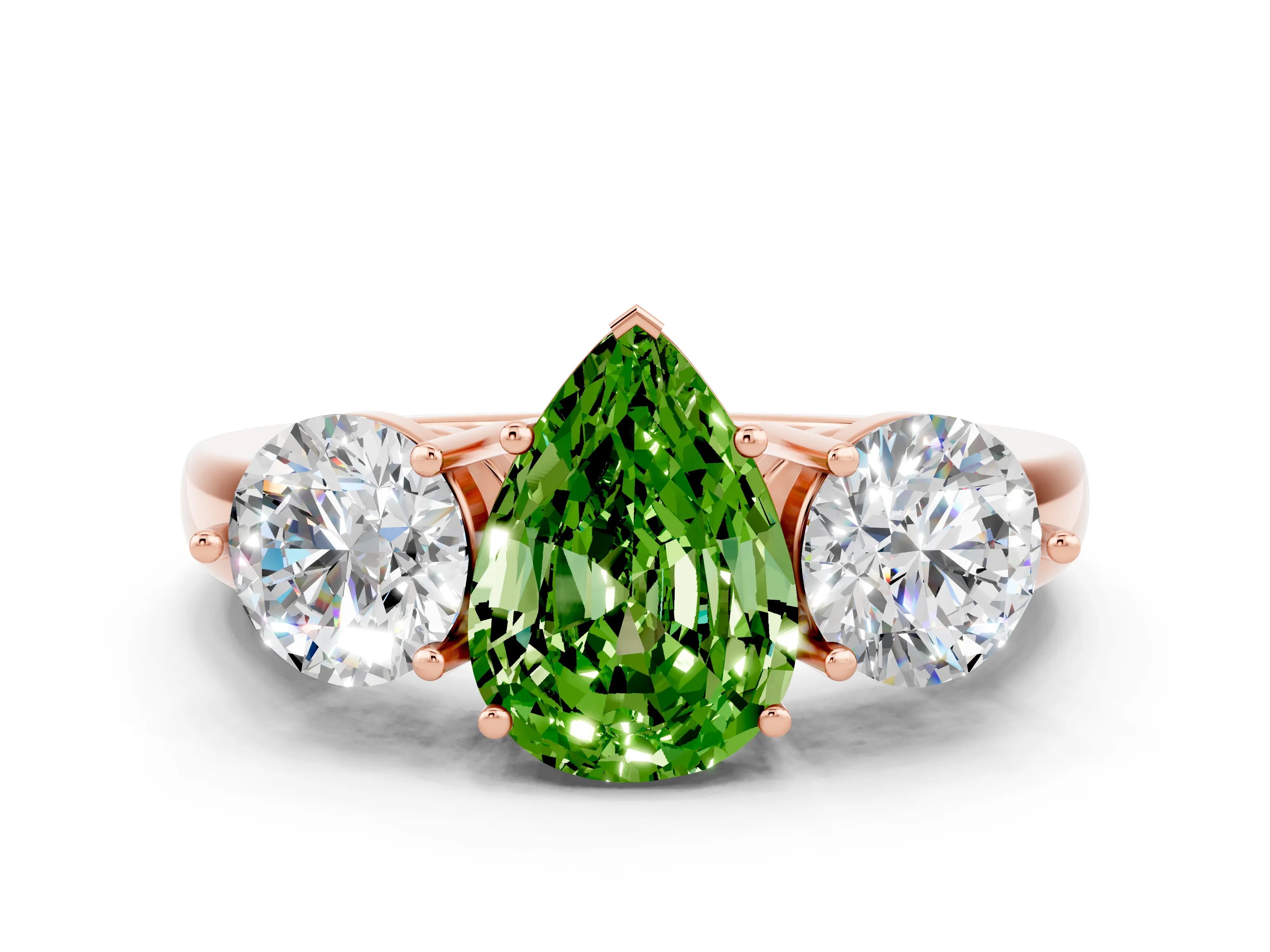 Rose gold Pear Cut Peridot Three-Stone Ring with Prong Setting and Classic Band
