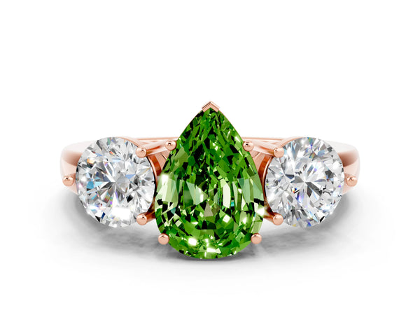 Rose gold Pear Cut Peridot Three-Stone Ring with Prong Setting and Classic Band