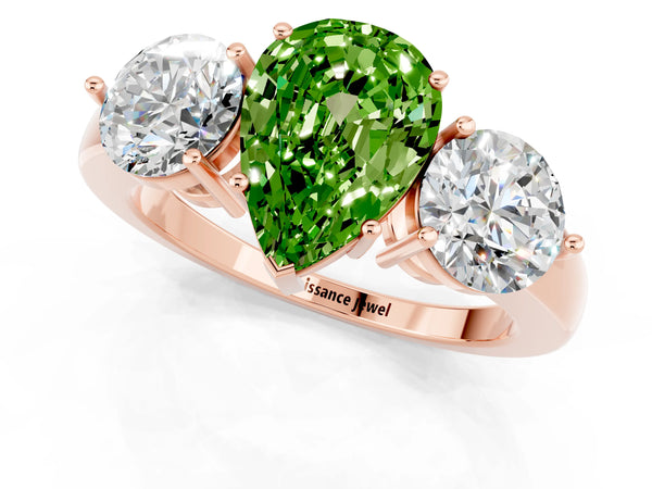 Rose gold Pear Cut Peridot Three-Stone Ring with Prong Setting and Classic Band