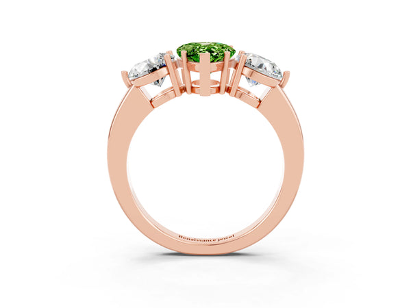 Rose gold Pear Cut Peridot Three-Stone Ring with Prong Setting and Classic Band