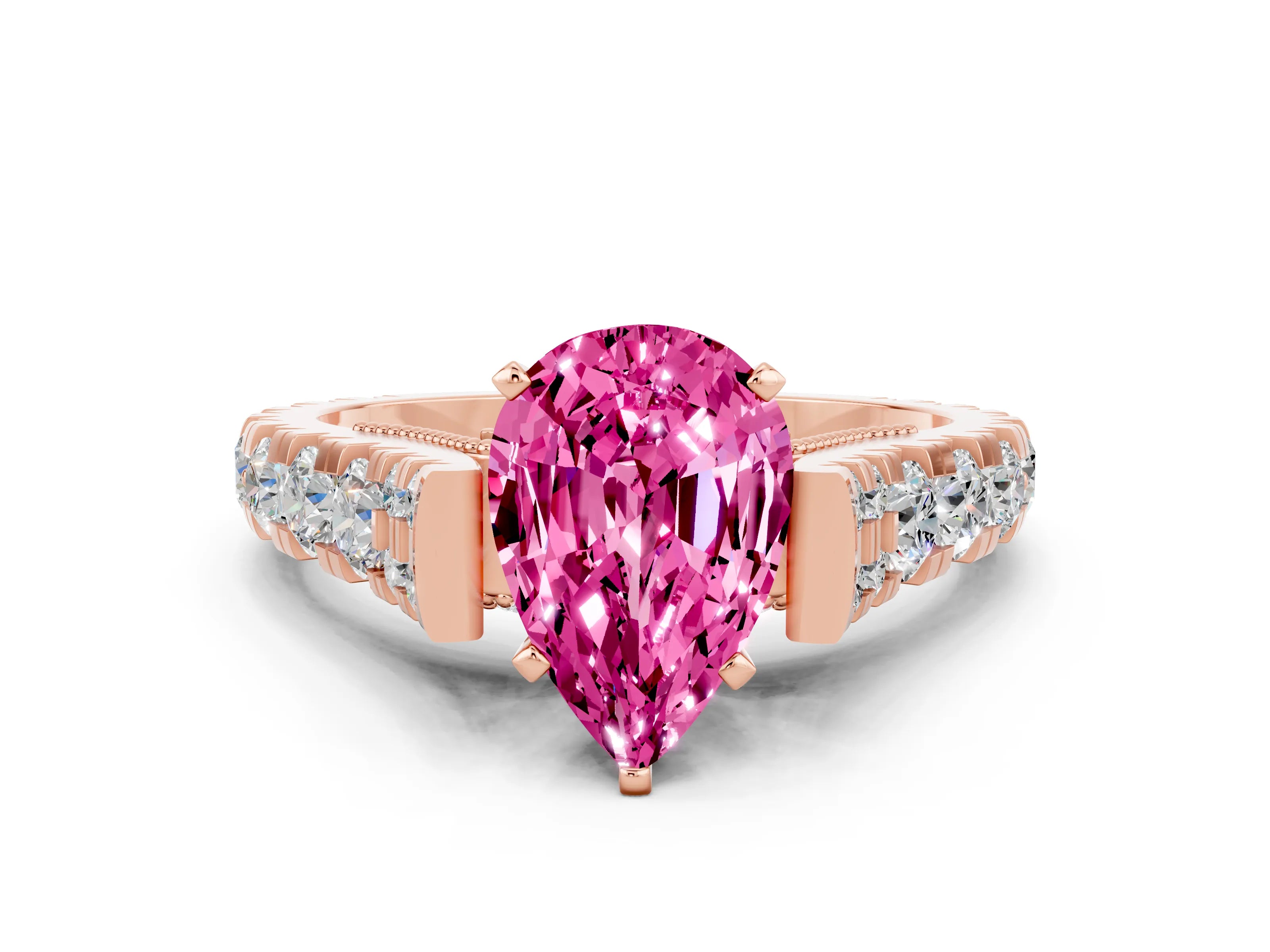 Rose gold Pear Cut Pink Sapphire Classic Solitaire Ring with Pavé Band and Four-Prong Setting_12
