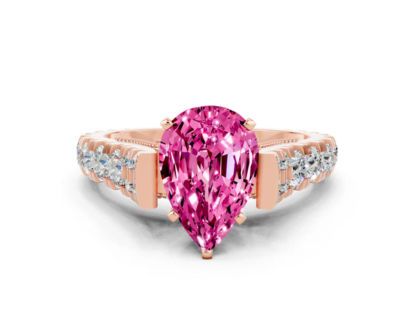 Rose gold Pear Cut Pink Sapphire Classic Solitaire Ring with Pavé Band and Four-Prong Setting