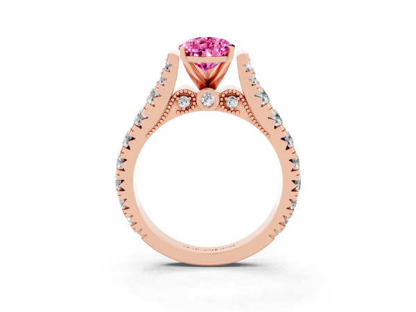 Rose gold Pear Cut Pink Sapphire Classic Solitaire Ring with Pavé Band and Four-Prong Setting