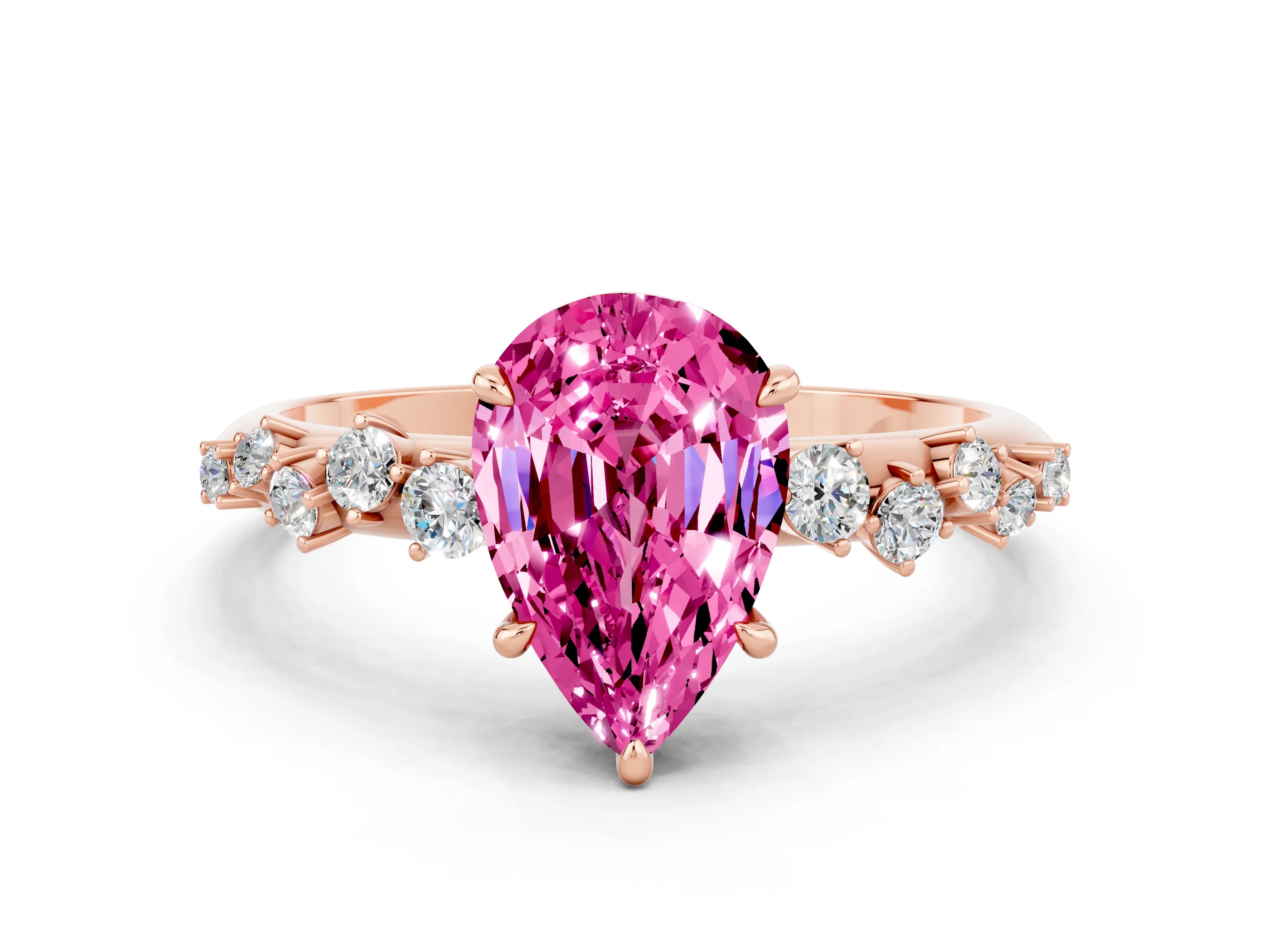 Rose gold Pear Cut Pink Sapphire Cluster Side Stone Solitaire Ring with Prong Setting_72