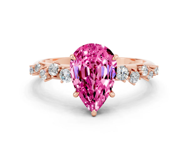 Rose gold Pear Cut Pink Sapphire Cluster Side Stone Solitaire Ring with Prong Setting