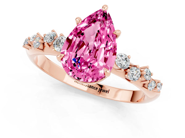 Rose gold Pear Cut Pink Sapphire Cluster Side Stone Solitaire Ring with Prong Setting