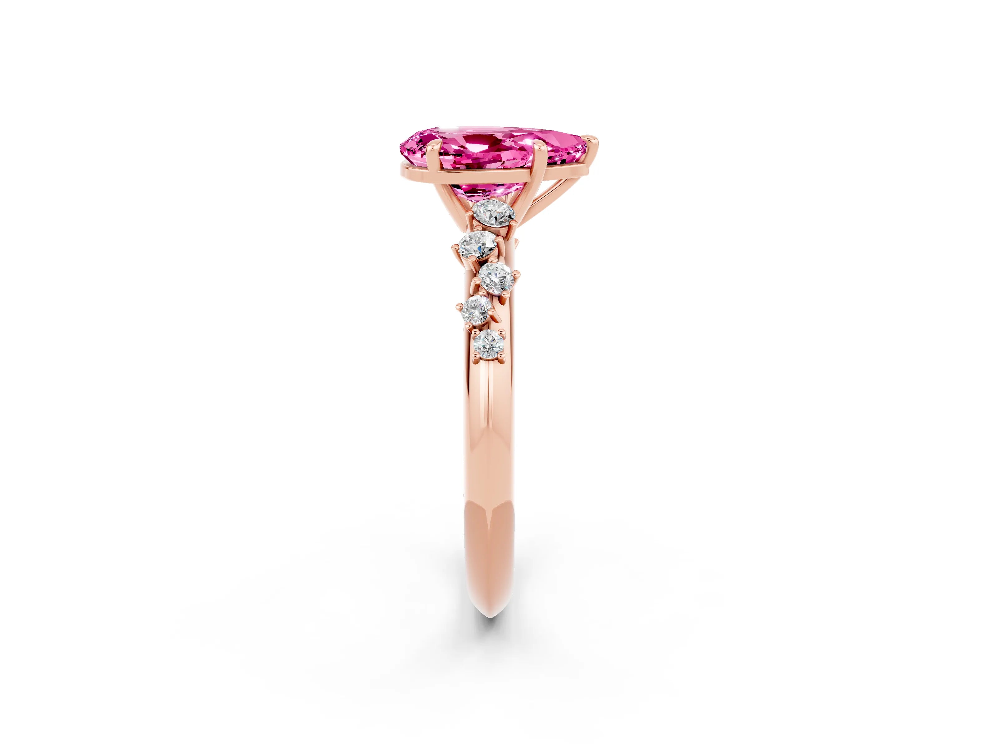 Rose gold Pear Cut Pink Sapphire Cluster Side Stone Solitaire Ring with Prong Setting_74