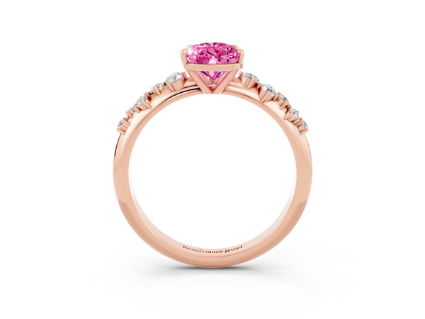 Rose gold Pear Cut Pink Sapphire Cluster Side Stone Solitaire Ring with Prong Setting