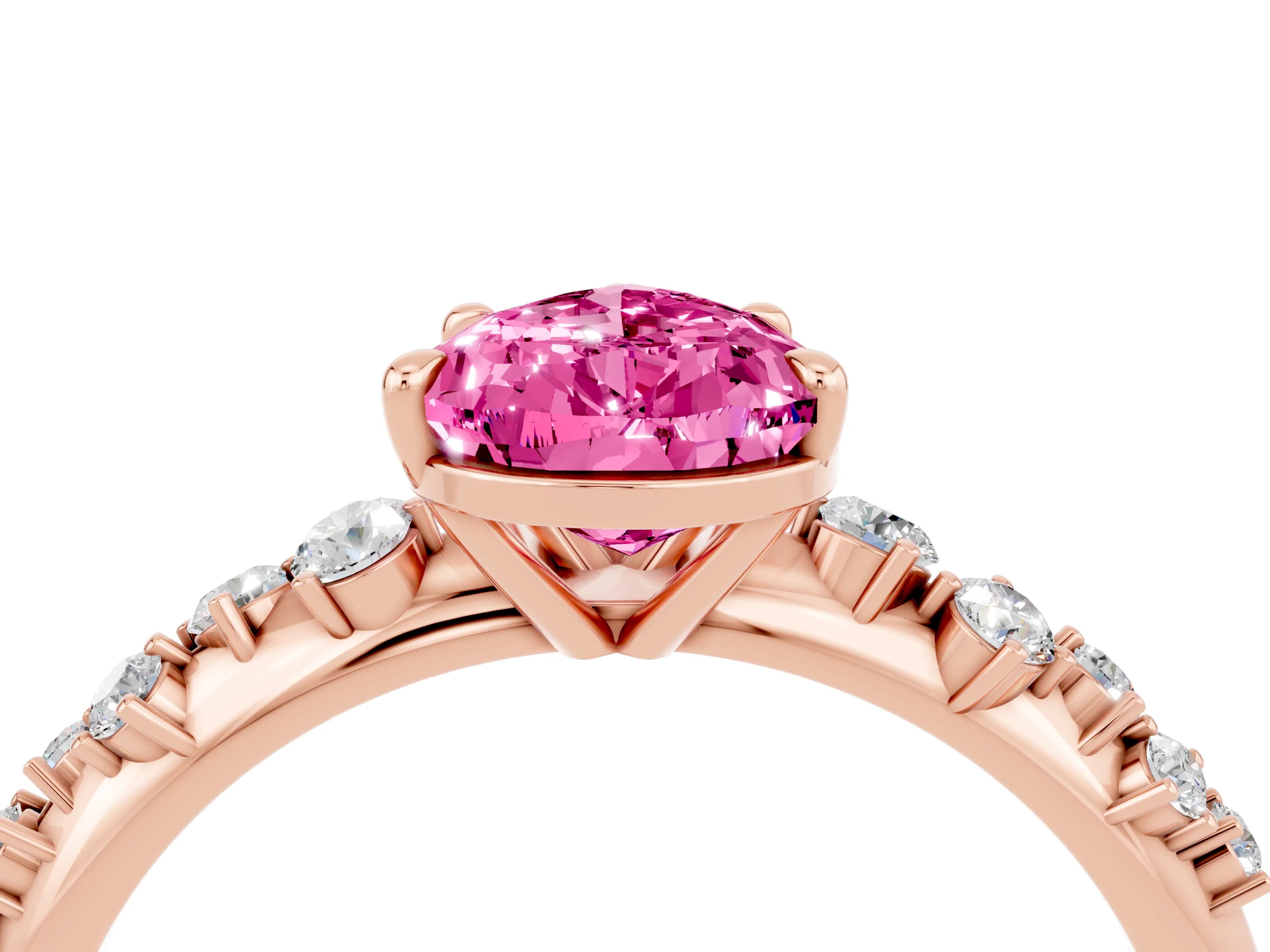 Rose gold Pear Cut Pink Sapphire Cluster Side Stone Solitaire Ring with Prong Setting_76