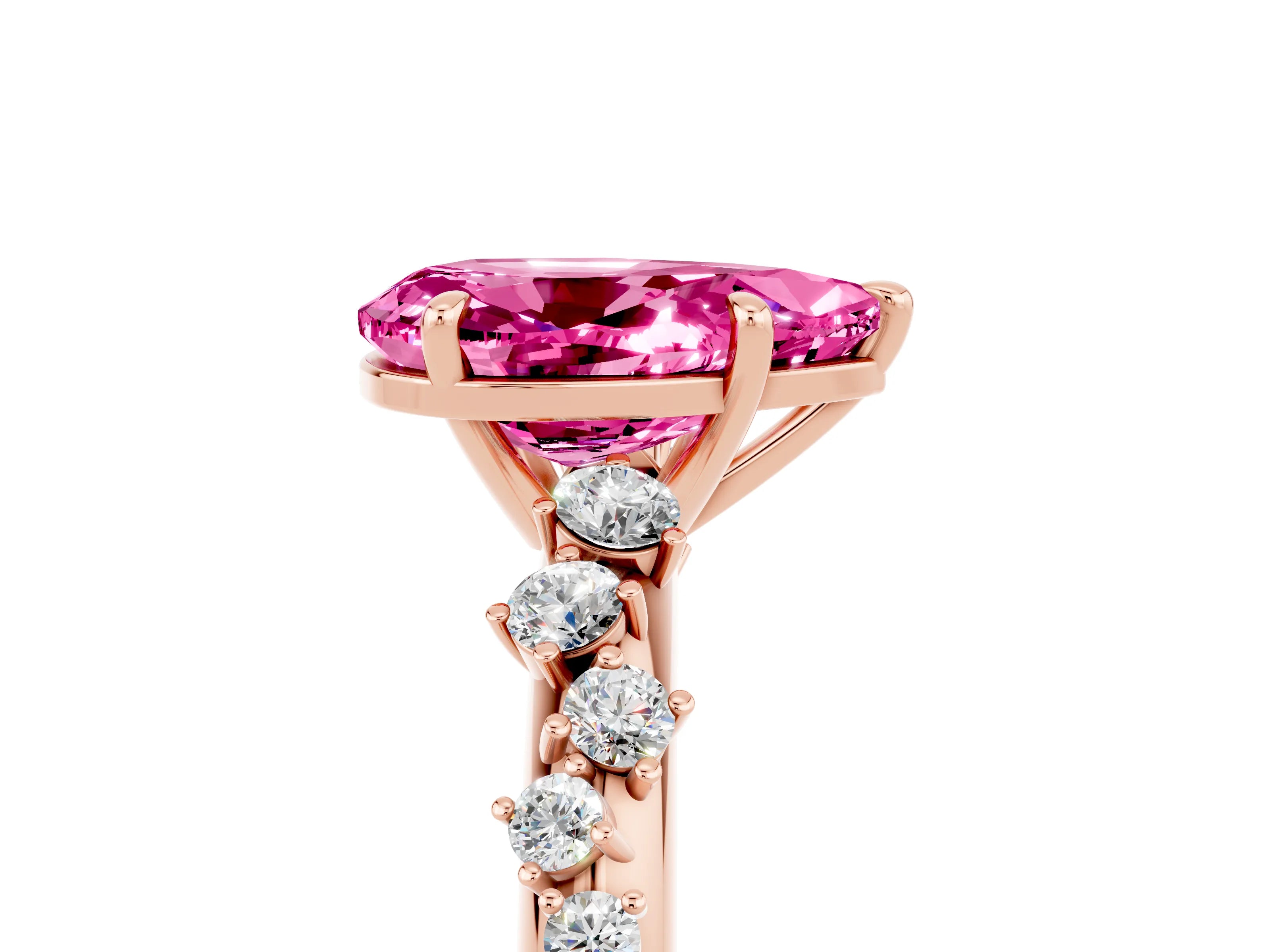 Rose gold Pear Cut Pink Sapphire Cluster Side Stone Solitaire Ring with Prong Setting_77