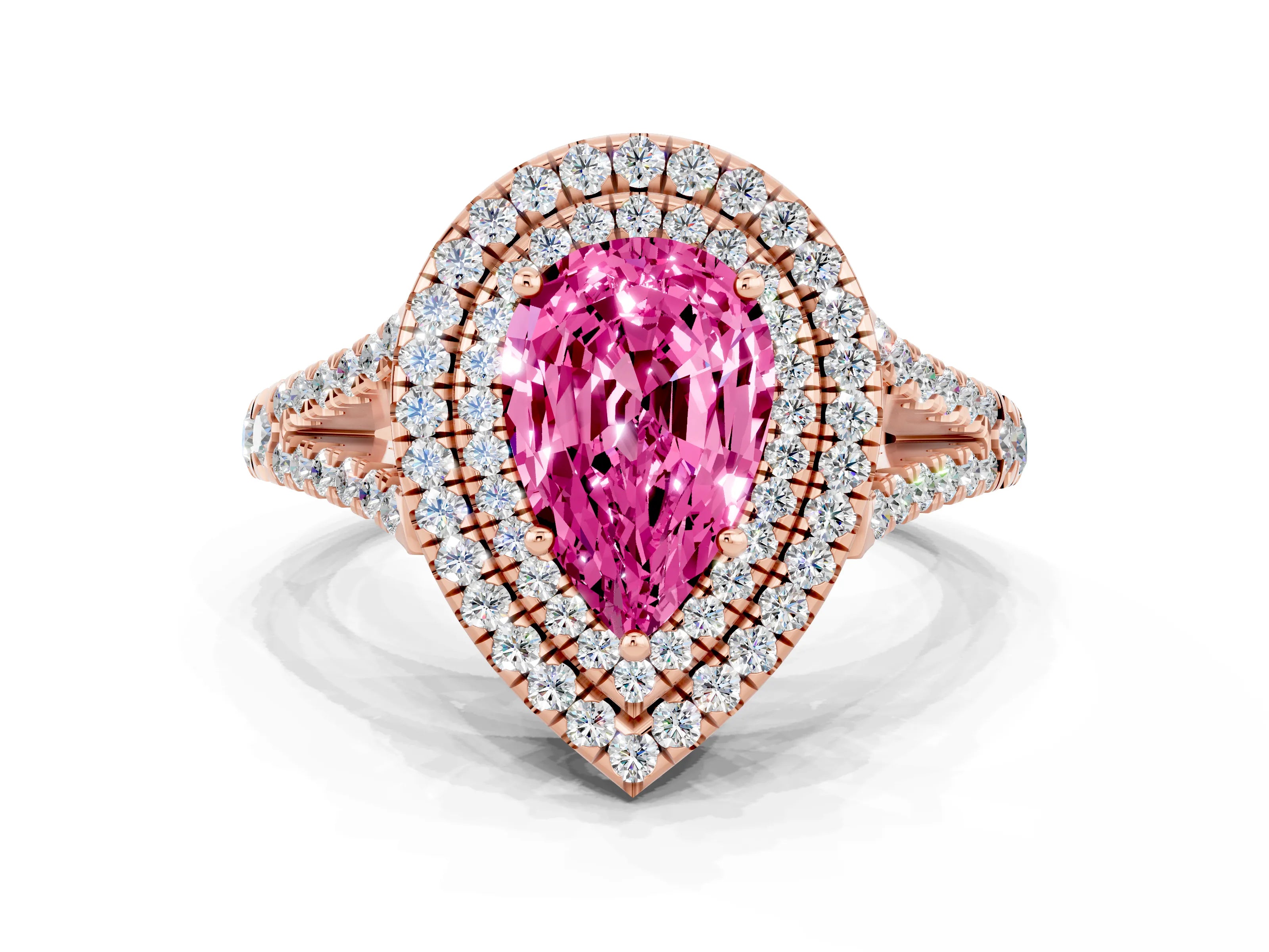 Rose gold Pear Cut Pink Sapphire Double Halo Ring with Pavé Band and Prong Setting_24