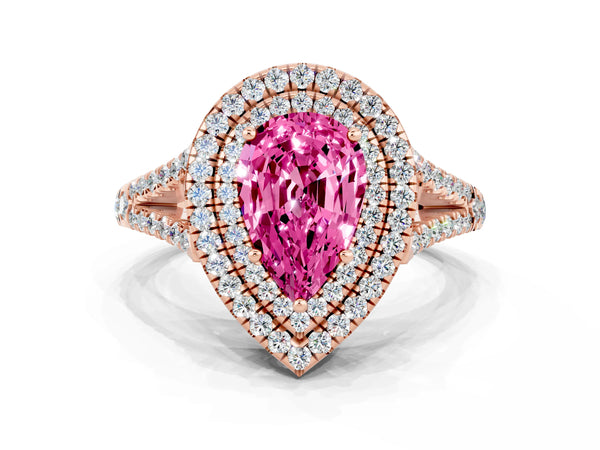 Rose gold Pear Cut Pink Sapphire Double Halo Ring with Pavé Band and Prong Setting