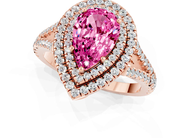 Rose gold Pear Cut Pink Sapphire Double Halo Ring with Pavé Band and Prong Setting