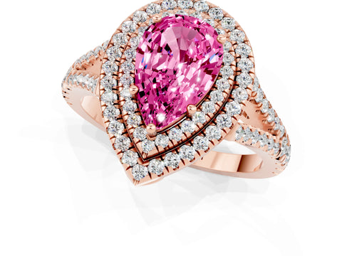 Rose gold Pear Cut Pink Sapphire Double Halo Ring with Pavé Band and Prong Setting_25