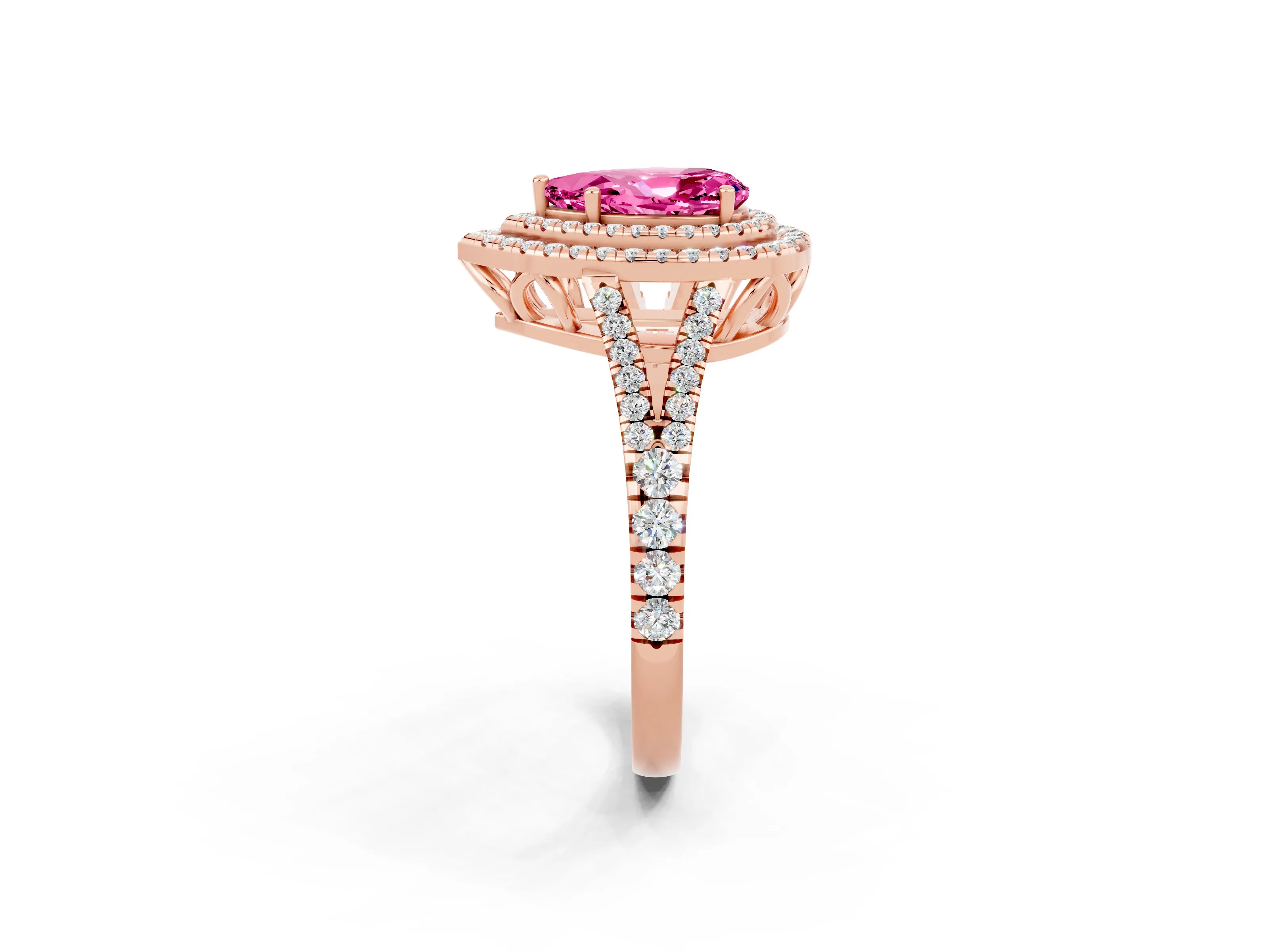 Rose gold Pear Cut Pink Sapphire Double Halo Ring with Pavé Band and Prong Setting_26