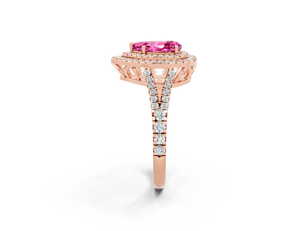 Rose gold Pear Cut Pink Sapphire Double Halo Ring with Pavé Band and Prong Setting