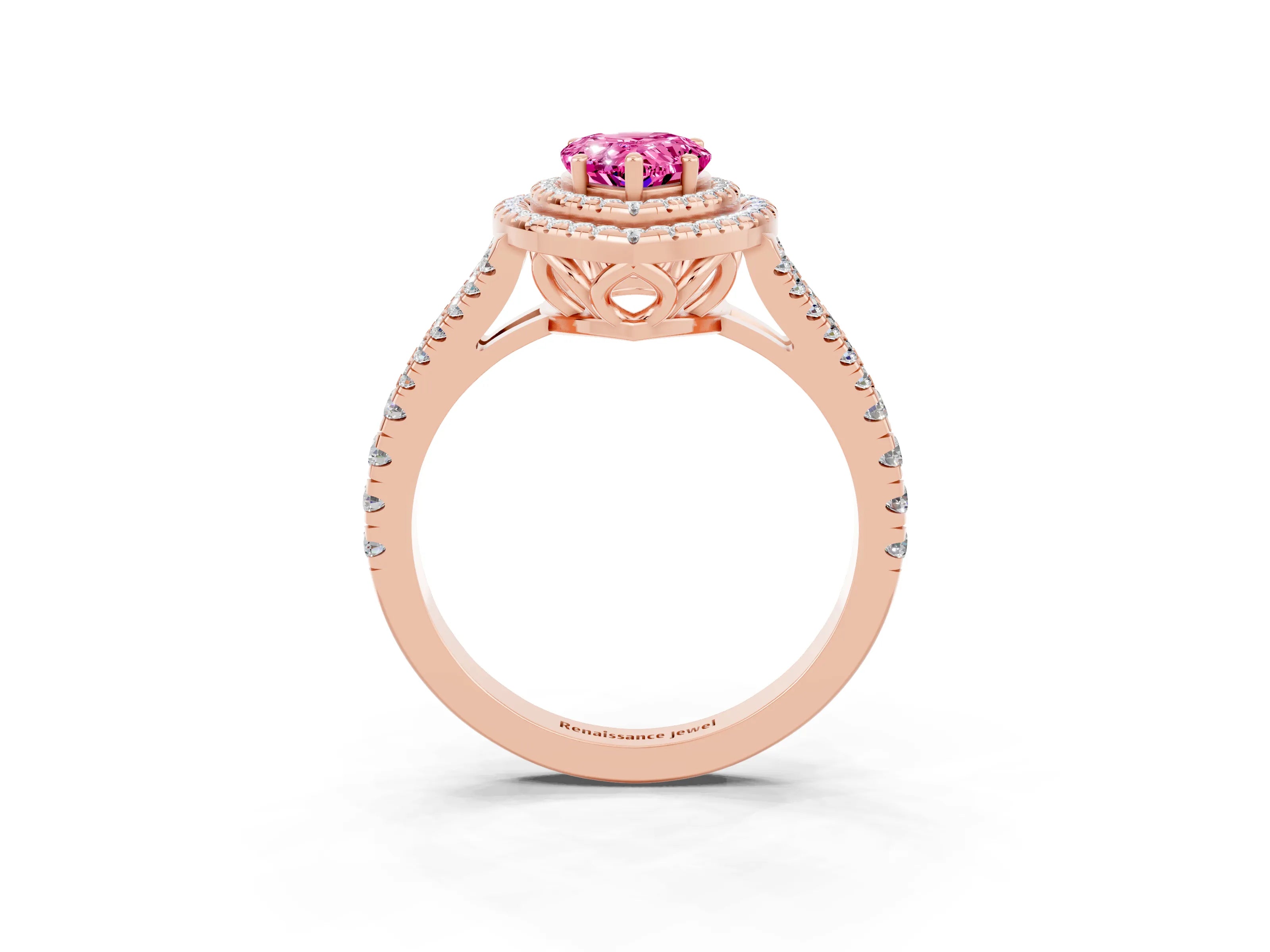 Rose gold Pear Cut Pink Sapphire Double Halo Ring with Pavé Band and Prong Setting_27