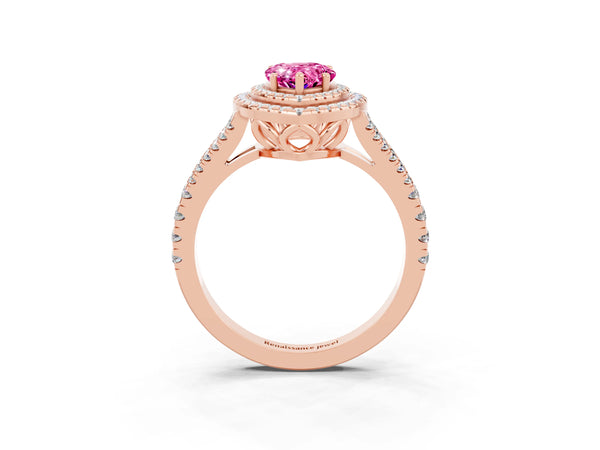 Rose gold Pear Cut Pink Sapphire Double Halo Ring with Pavé Band and Prong Setting