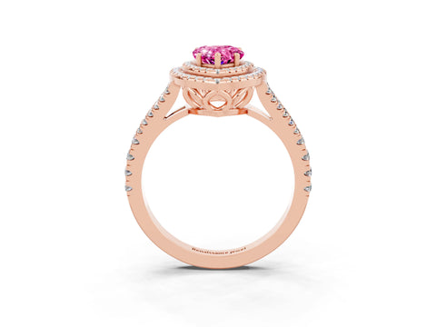 Rose gold Pear Cut Pink Sapphire Double Halo Ring with Pavé Band and Prong Setting_27