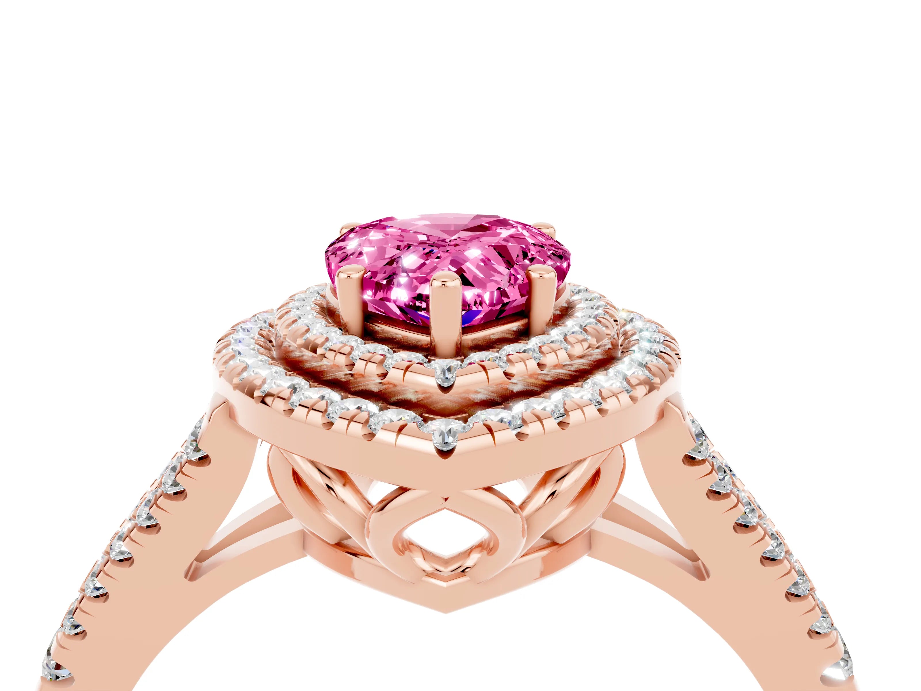 Rose gold Pear Cut Pink Sapphire Double Halo Ring with Pavé Band and Prong Setting_28