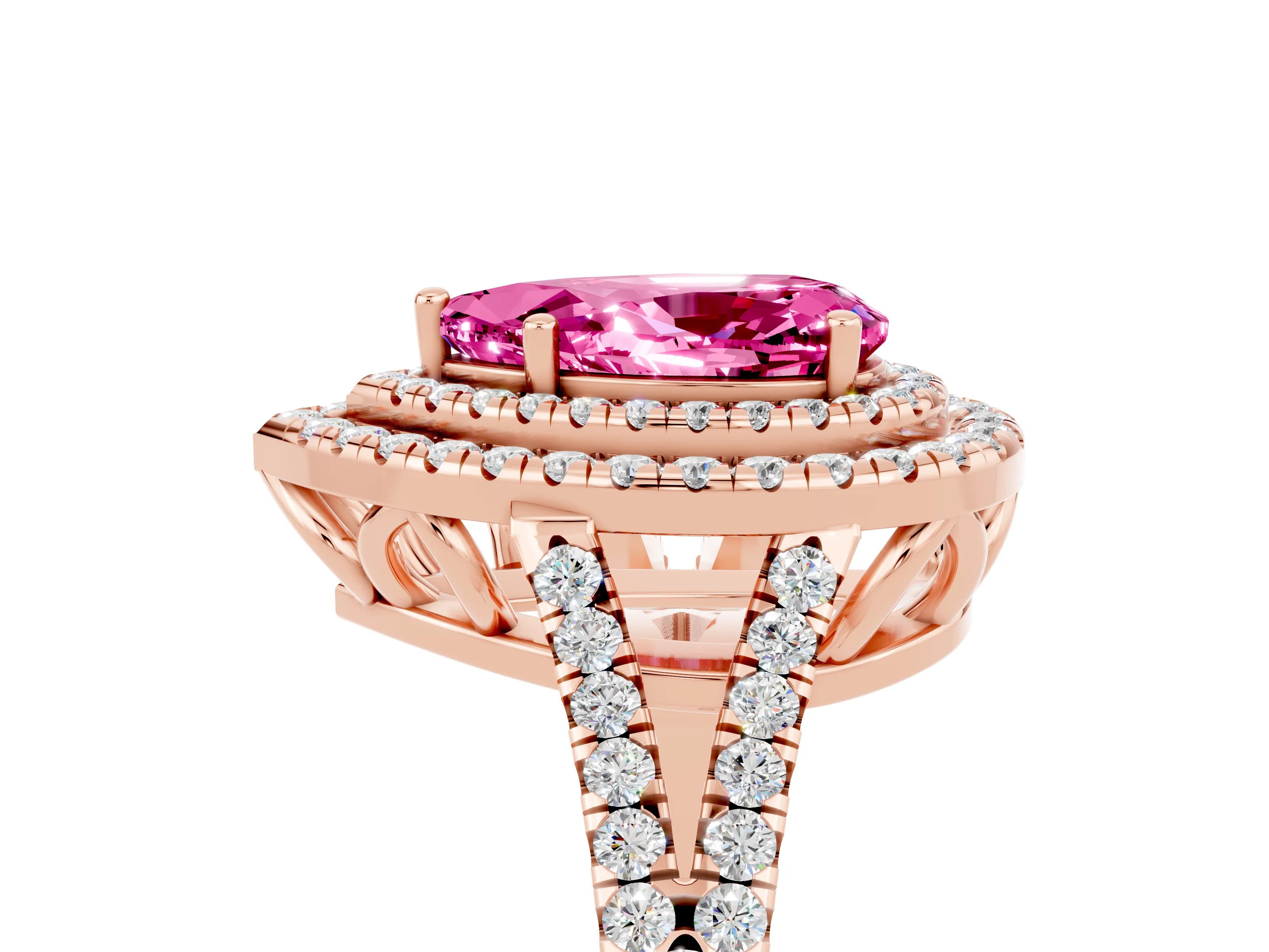 Rose gold Pear Cut Pink Sapphire Double Halo Ring with Pavé Band and Prong Setting_29