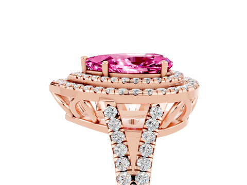 Rose gold Pear Cut Pink Sapphire Double Halo Ring with Pavé Band and Prong Setting_29