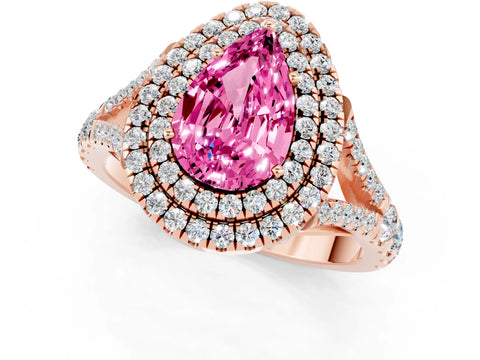 Rose gold Pear Cut Pink Sapphire Double Halo Ring with Split Shank and Prong Setting_13