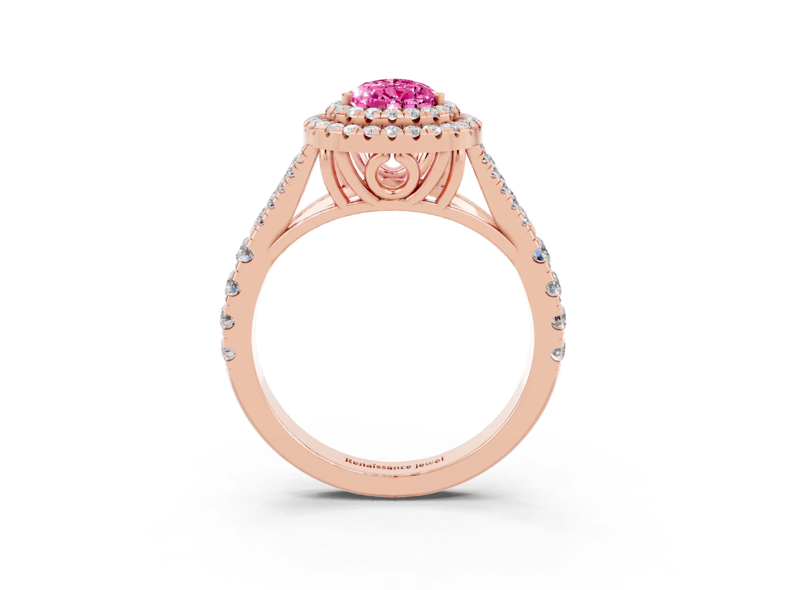 Rose gold Pear Cut Pink Sapphire Double Halo Ring with Split Shank and Prong Setting_15