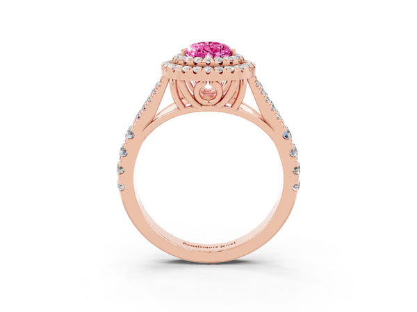 Rose gold Pear Cut Pink Sapphire Double Halo Ring with Split Shank and Prong Setting