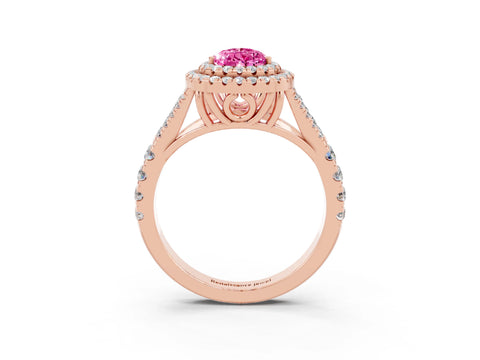 Rose gold Pear Cut Pink Sapphire Double Halo Ring with Split Shank and Prong Setting_15