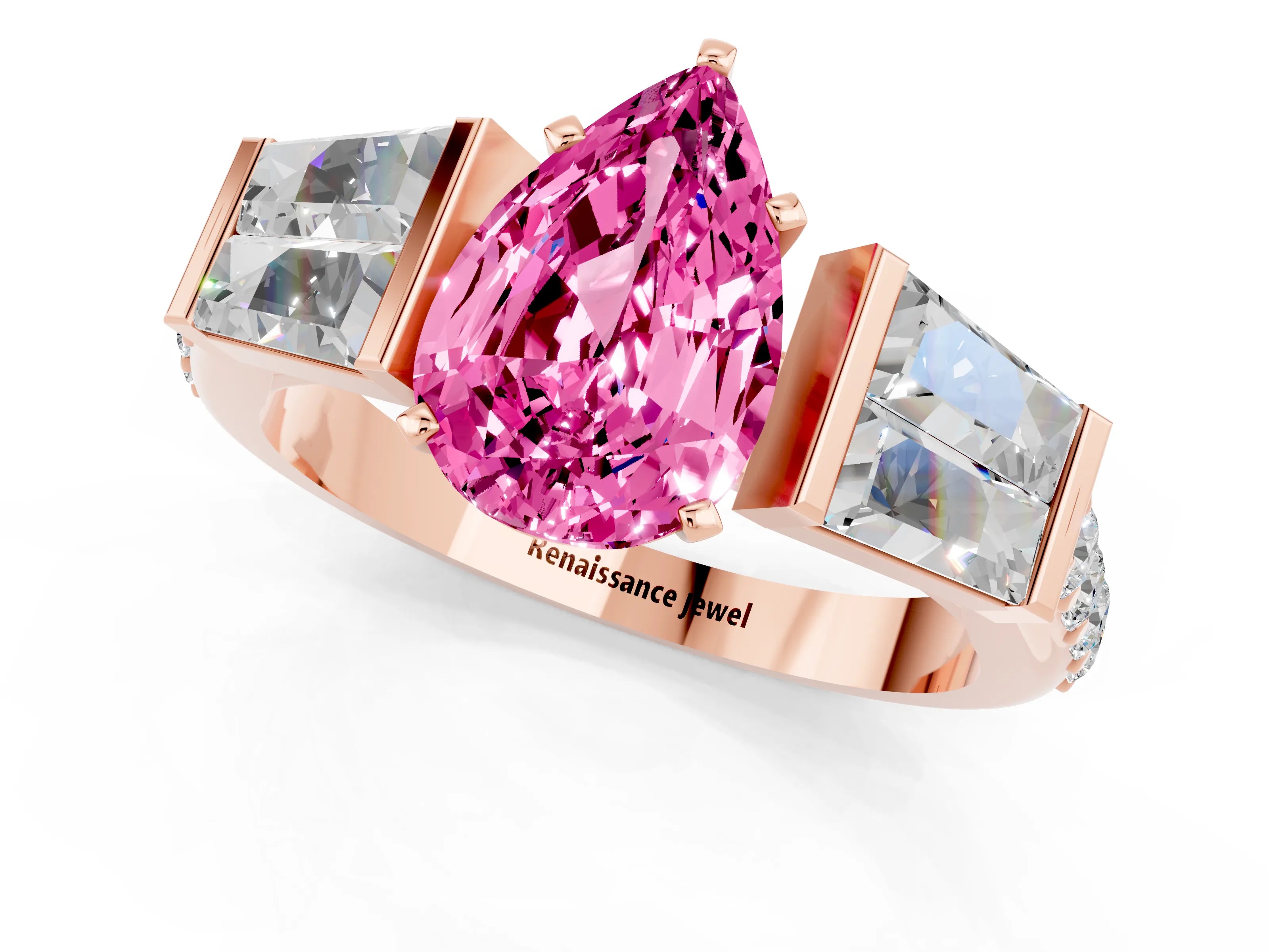 Rose gold Pear Cut Pink Sapphire Engagement Ring with Baguette Side Stones and Channel Set Band_1