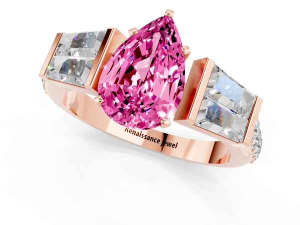 Rose gold Pear Cut Pink Sapphire Engagement Ring with Baguette Side Stones and Channel Set Band