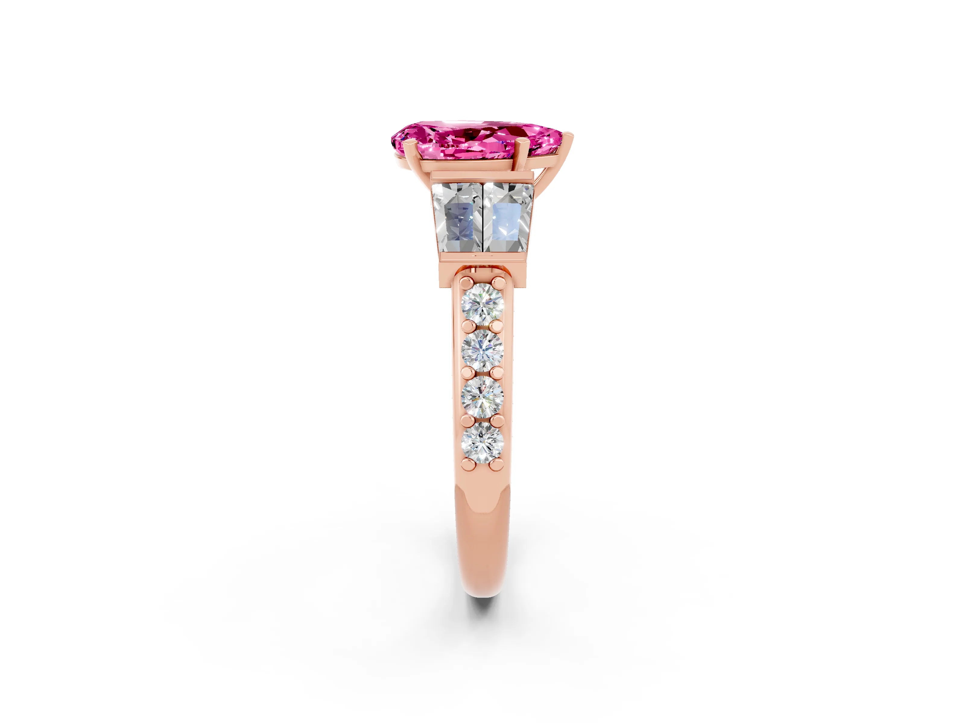 Rose gold Pear Cut Pink Sapphire Engagement Ring with Baguette Side Stones and Channel Set Band_2