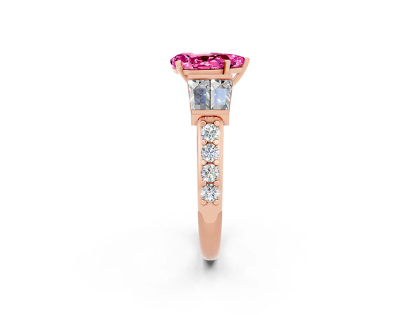 Rose gold Pear Cut Pink Sapphire Engagement Ring with Baguette Side Stones and Channel Set Band