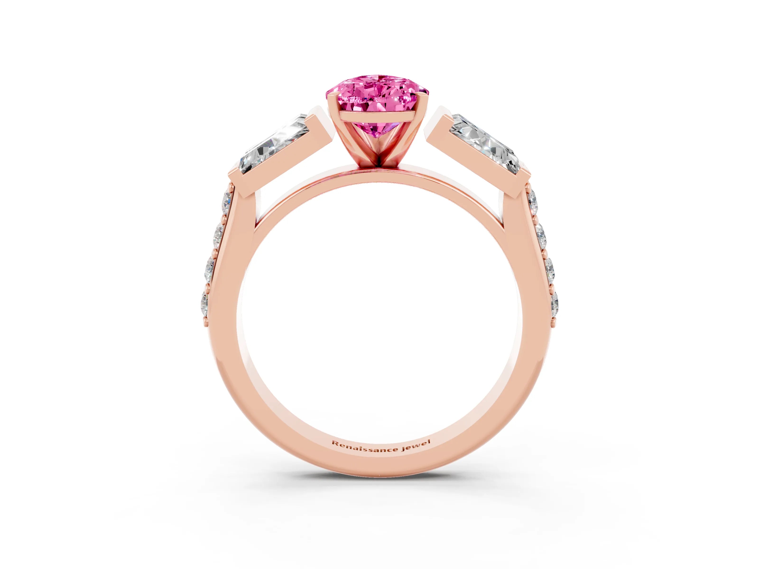 Rose gold Pear Cut Pink Sapphire Engagement Ring with Baguette Side Stones and Channel Set Band_3