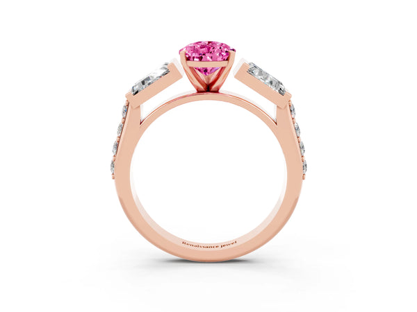 Rose gold Pear Cut Pink Sapphire Engagement Ring with Baguette Side Stones and Channel Set Band