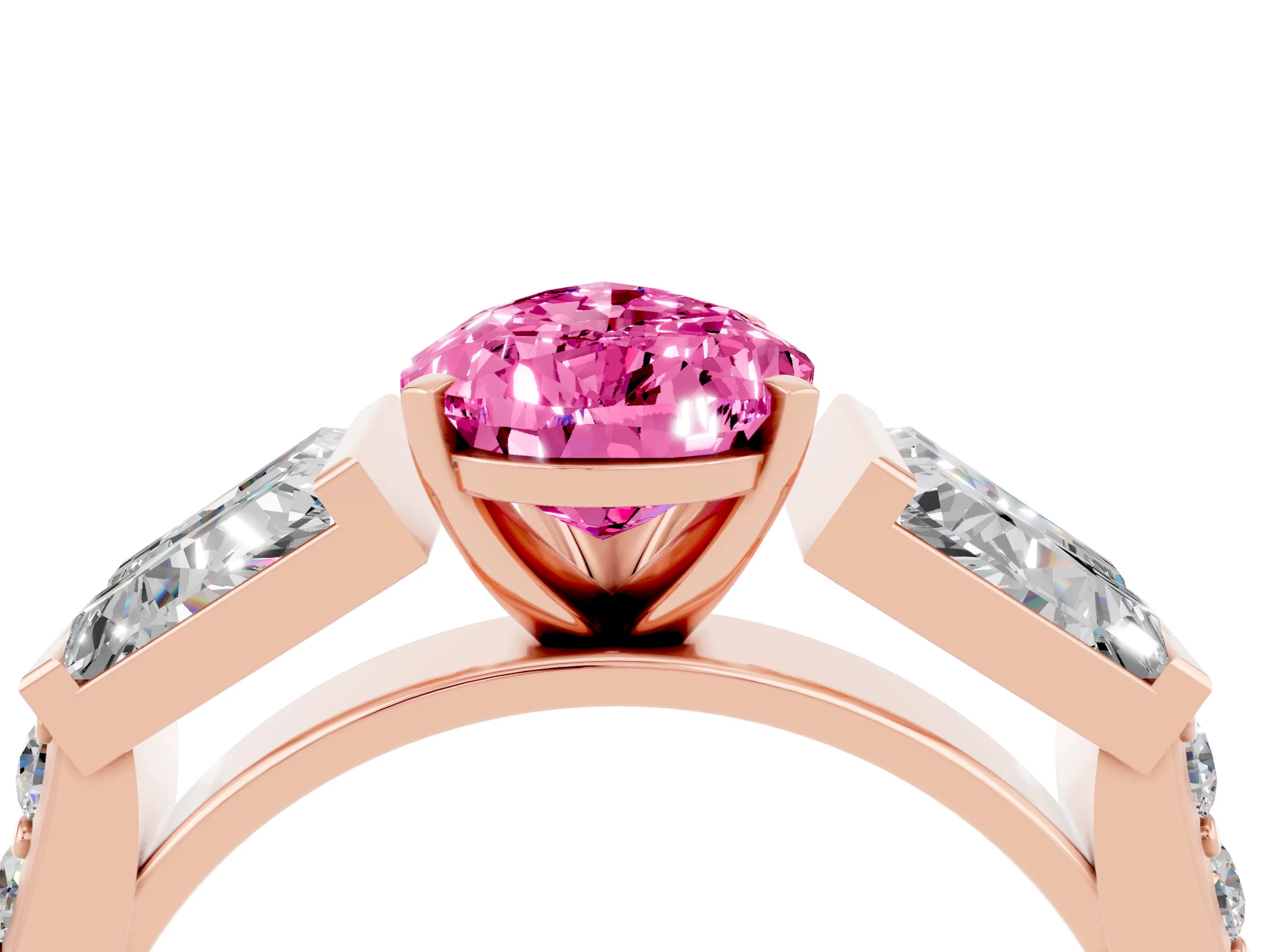 Rose gold Pear Cut Pink Sapphire Engagement Ring with Baguette Side Stones and Channel Set Band_4