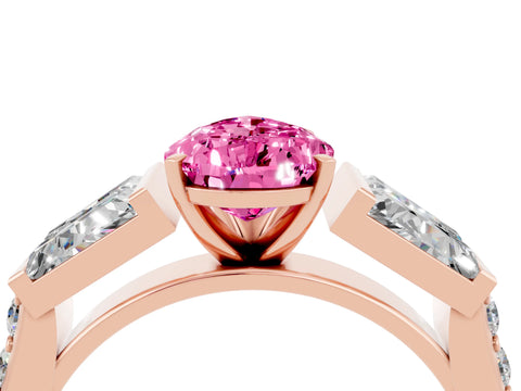 Rose gold Pear Cut Pink Sapphire Engagement Ring with Baguette Side Stones and Channel Set Band_4