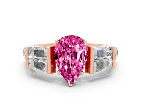 Rose gold Pear Cut Pink Sapphire Engagement Ring with Baguette Side Stones and Channel Set Band