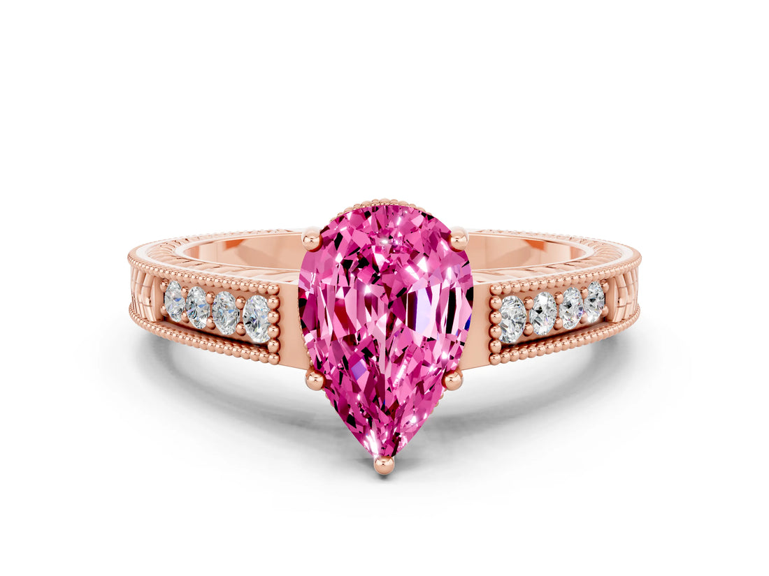 Rose gold Pear Cut Pink Sapphire Engagement Ring with Milgrain Channel Set Band and Prong Setting_24