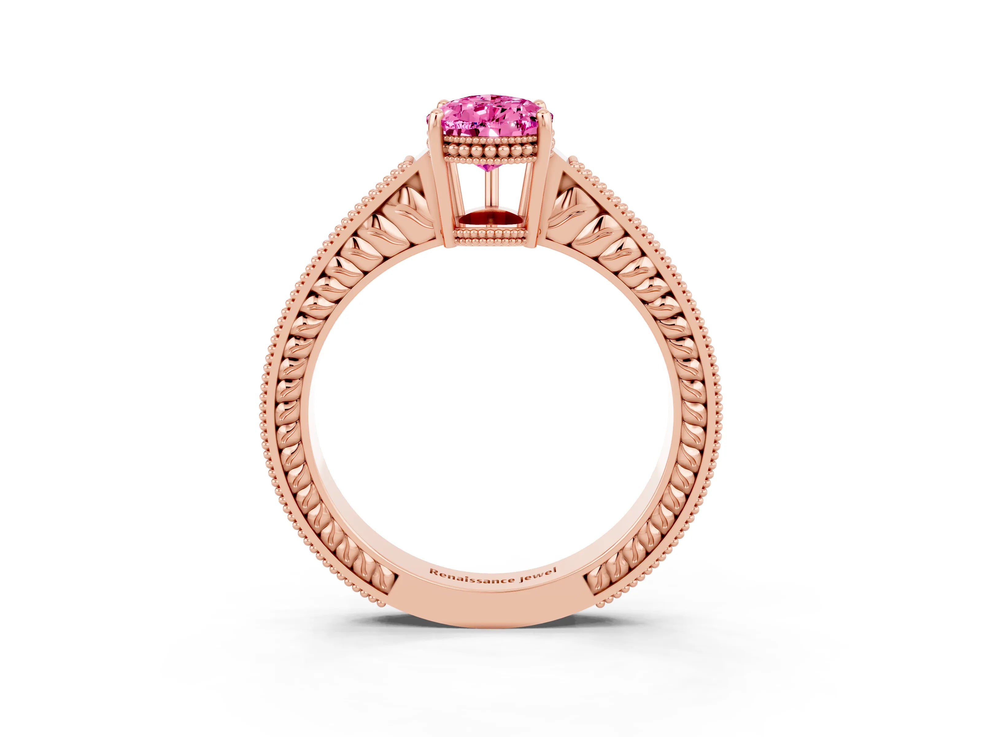 Rose gold Pear Cut Pink Sapphire Engagement Ring with Milgrain Channel Set Band and Prong Setting_27