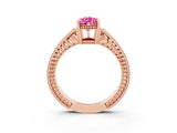 Rose gold Pear Cut Pink Sapphire Engagement Ring with Milgrain Channel Set Band and Prong Setting_27