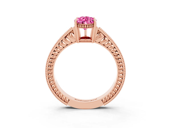 Rose gold Pear Cut Pink Sapphire Engagement Ring with Milgrain Channel Set Band and Prong Setting